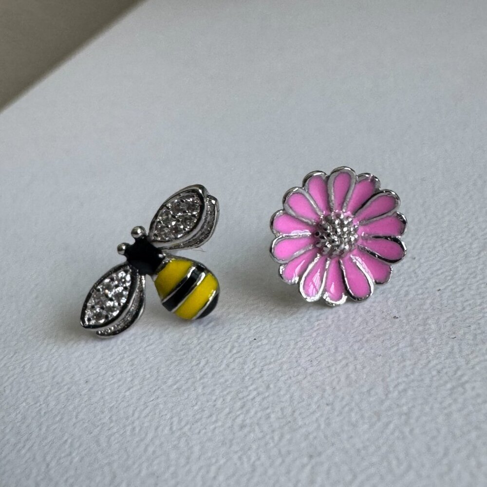 Sterling Silver 925 Bee & Flower Mismatched Earrings